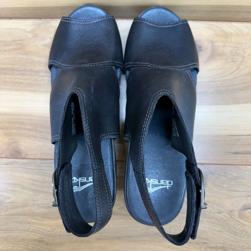 DANSKO Vanda Wedge Sandals Peep Toe 11‎ EU 41 Black Leather Walking Vacation